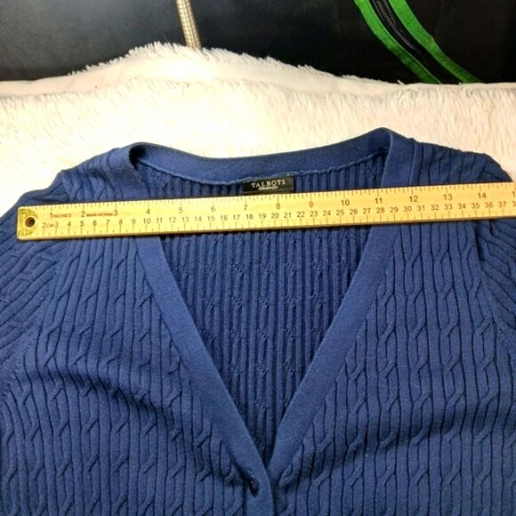 Talbots Prima Cotton Cable Knit Button Down Sweater Short Sleeve V-NECK Blue L.. - Picture 4 of 8
